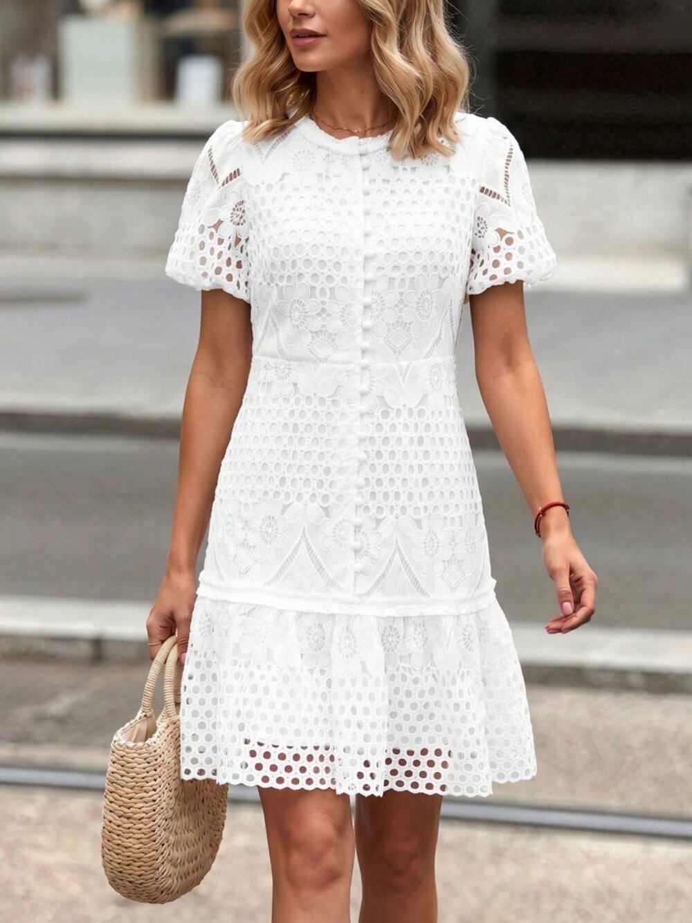 White Elegant Women's Embroidered Lace Puff Sleeve mini Dress - Picture 5 of 8